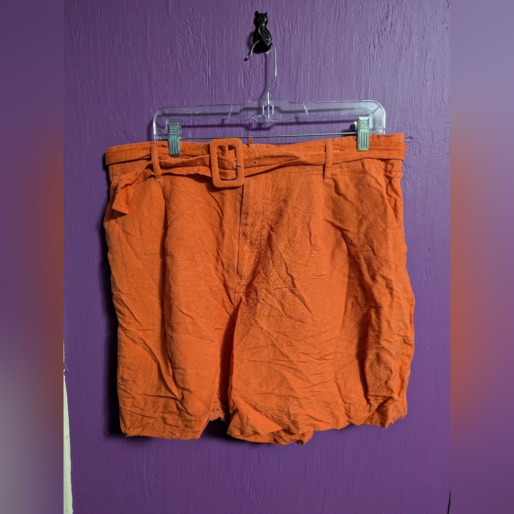 💜 A New Day Orange Linen Belted Stretch Waist Shorts Pockets XXL 1X 16 18
